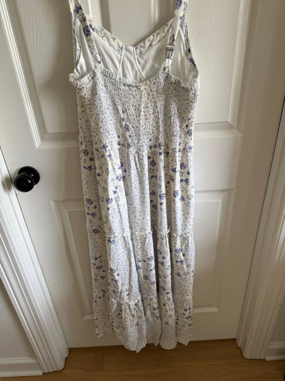 Cream Maxi Dress with Blue Floral Print - Lightweight Spaghetti Strap Maxi - Picture 2 of 4